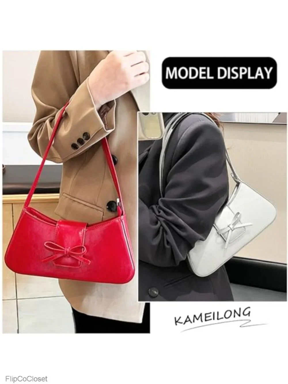 Patent Leather Hobo Shoulder Bag Y2K Cute Bow Purse Women Handbag